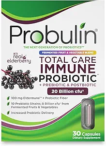 Probulin Total Care Immune = Präbiotika + Probiotika + Postbiotika + Elderberry zur Unterstützung von Immun- & Gut-Gesundheit - 20 Milliarden CFU - 10 Probiotische Straine, 30 Vegan-Kapseln