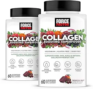 FORCE FACTOR Collagen Boosting Superfoods, Vegan Collagen Booster für Damen, mit Biotin, Hyaluronsäure und Vitamin C, für Haare, Haut, Nägel, & Gelenkunterstützung, Tropische Frucht, 120 Weichkäse, 2-Pack