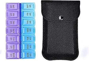 VOFOON Travel Pill Organizer 2 Mal am Tag, PU-Leder Tragbare Pille Case für Frauen/Men, 7 Tage PM Pille Box mit Reisetasche Medizin Organizer für Vitamine Medizin Fischöl Nahrungsergänzungsmittel (klein)