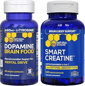 NATURAL STACKS Dopamine Brain Food + Creatine Monohydrat Bundle - Unterstützt Mentral Drive & Brain Health* - Advanced Absorption Formula - 180 Kapseln