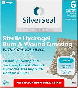 SilverSeal Burn and Wound Dressing, Hydrogel Pads mit X-Static Silver, Beruhigend, Moist & Protective für Burns, Cuts & Wounds, 2" x 3" sterile Dressings, 6 Zähler