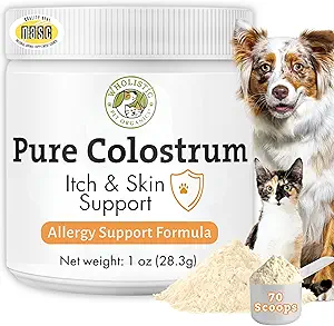 Wholistic Pet Organics Bovine Colostrum Powder - 1 Oz - Seasonal Dog Allergy Relief - Itch Relief für Hunde - Natural Anti Itch Supplement für Hunde - Made in USA - Alternative zu Hund Allergy Chews
