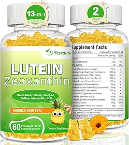 Lutein 20 mg mit Zeaxanthin Gummi, Lutein und Zeaxanthin Ergänzungen mit Augen Vitaminen C, E, Bilberry für Augengesundheit - 120Cts