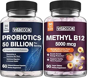 Vitamin B12 and Probiotics 50 Billion Bundle, Methylcobalamin 5000mcg for Energy Production, with Organic Prebiotics, Digestive & Immune Support, B12 Tablets 90 ct & Probiotics Capsules 60ct