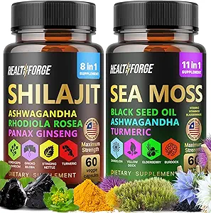 Shilajit, Ashwagandha Capsules & Sea Moss Capsules Black Seed Oil Capsules Ashwagandha, Turmeric - Shilajit für Damen Immununterstützung Rhodiola Rosea, Shilajit 60 Capsules & Sea Moss 60 Capsules Set