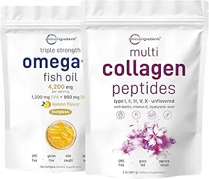 Micro Ingredients Multi Collagen Protein Powder 2 Pounds & Omega-3 Fish Oil 4.200 mg Softgels Bundle 2 Pack | Grass-Fed Collagen Peptides | Wild-Caught Fish, Lemon Flavored, Burpless