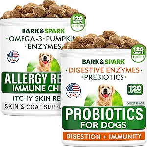 Allergy Relief Dog Treats + Dog Probiotics Chews Bundle - Omega 3 + Kürbis + Enzyme für juckende Hautentlastung + Verdauungsenzyme + Präbiotika für Gas, Durchfall, Verstopfung, Upset Stomach Relief