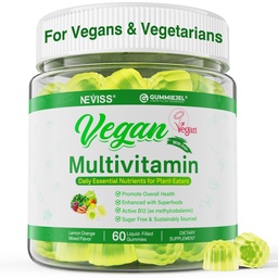 NEVISS Vegan Multivitamin für Damen und Herren w/Methyl B12, D3 K2, Pflanzenbasierte Omega 3 (DHA+EPA), Eisen, Choline, Zink, Ganze Lebensmittel Tägliche Vitamine Gummi für Vegane & Vegetarier, Zuckerfrei, 60Cts