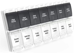 Sukuos AM Weekly 7 Day Pill Organizer, 2 mal ein Tag Pille Box mit Arthritis Friendly Push Button, Medizin Fälle für Vitamin/Fish Oil/Supplements, einfach zu reinigen (schwarz&White)