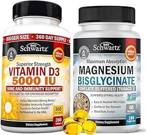 Hohe Stärke Vitamin D3 5000 IU 125 mcg (1 Jahr Versorgung) Plus Hohe Absorption Magnesium Bisglycinat Kapseln (2 Monate Versorgung)