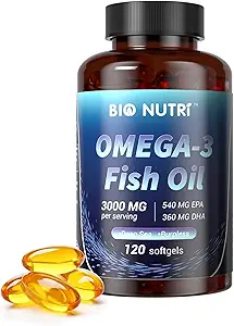 BIO NUTRI Fischöl Omega 3 Ergänzungen - 3000mg Fischöl mit EPA DHA - Omega 3 Fettsäureunterstützung - 120 Softgels