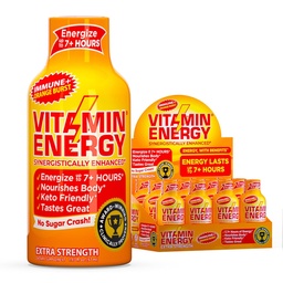 Vitamin Energy Immune+ Extra Strength Energy Shot – Orange Burst – 100% DV B-Vitamine & 260mg Koffein – Zero Calories, Sugar-Free, Vegan, – Immunität & Energy Support – 1.93 fl oz, 12-Pack