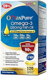 LABO Nutrition OmaxPure Omega3 Fish Oil - 1125mg Omega 3 IFOS zertifiziert - High Potency rTG Omega Fish Oil Supplement mit DHA & EPA - 120 Softgels