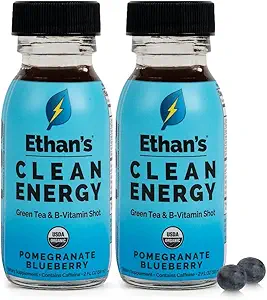Ethan's Organic Clean Energy Shots Pomegranate Blueberry, Sugar Free Natural Pre-Workout Focus Boost, Gluten Free, Vegan, B6 & B12 Vitamin C mit Green Tea Extract und Guayusa (2 Packung 2oz Shots)