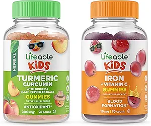 Lebensfähige Kurkuma Kinder + Eisen & Vitamin C Kinder, Gummis Bundle - Große Verkostung, Vitamin-Ergänzung, Glutenfrei, GMO frei, Kaugummi