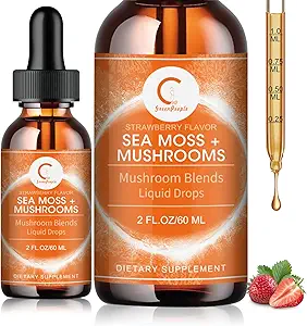 Sea Moss & Mushrooms Liquid Drops, Lions Mane Supplement mit Irish Sea Moss & Cordyceps etc., Unterstützung für Gedächtnis, Fokus & Klärung, Immun- und Verdauungsgesundheit, Non-GMO, Erdbeer Flavor, 2 FL OZ