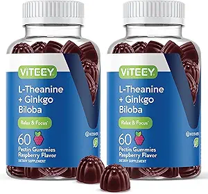 Viteey L-Theanine Gummies mit Ginkgo Biloba für Erwachsene - Hilfen im Fokus & Relax, Verbesserung der Stimmung - Non GMO, Gelatin Free, Vegan, Glutenfrei, Natürlich Sourced Chewable Tasty Raspberry Flavored Gummy