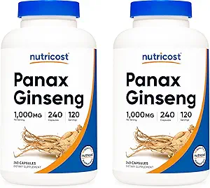 Nutricost Panax Ginseng 1000mg, 240 Kapseln (2 Flaschen) - Non GMO, Glutenfrei, 120 Portionen