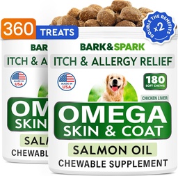 BARK&SPARK (Pack mit 2 Omega 3 für Hunde - 360 Fish Oil Chews for Dog Shedding, Skin Allergy, Itch Relief, Hot Spots Behandlung - Joint Health - Skin & Coat Supplement - EPA&DHA Fettsäuren