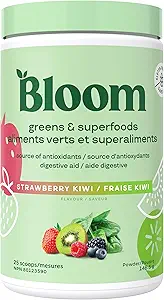 Bloom Nutrition Greens and Superfoods Powder Packets for Digestive Health, Greens Powder, Digestive Enzymes, Probiotics, Spirulina, Chlorella for Bloating & Gut Support, 15 Stick, Erdbeer Kiwi