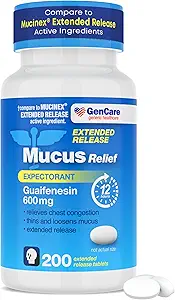 GenCare - Mucus Relief Guaifenesin 600mg (200 Tabletten) Mucus Relief Expectorant für Congestion & Cough - Extended Release Tablets für Sofort- & Lasting Relief