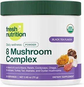 Fresh Nutrition Organic 8 Pilz Complex Powder - Lion's Mane, Reishi, Cordyceps, Chaga, Enokitake, Türkei Tail, Maitake und Oyster Pilze