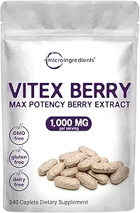 Micro Ingredients Vitex Berry Supplement, 1000mg pro Servierung, 240 Caplets | Potent Chaste Tree Berry Extract | Fördert Menstruations-, Fertilitäts- und Hormonbilanz für Frauen | Non-GMO