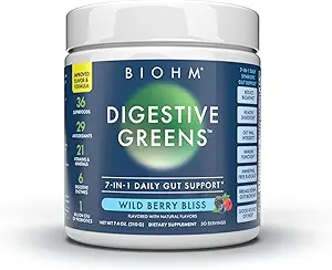 BIOHM Verdauungsrote, Superfood-Pulver (7.4 Oz, 30 Portionen) Antioxidantien, Vitamine, Probiotika, Verdauungsgesundheit für Frauen und Männer mit Enzymen, Beets, Goji, Granatapfel, Rote Beeren-Flamvor