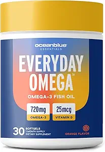 Oceanblue Omega-3 Ergänzung für Frauen | Burpless Fish Oil 720mg mit Vitamin D3 | Small Pills Einfach zu schlucken Mini Softgels | Herz Immununterstützung Orange Flavor (60 Count Minicap)