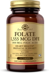 Solgar Folate 1.333 mcg DFE (Folsäure 800 mcg) - 250 Tabletten - Pränataler Support - Non-GMO, Vegan, Glutenfrei, Dairy Free, Kosher - 250 Servierungen