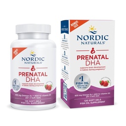 Nordic Naturals Pränatal DHA, Erdbeere - 120 Weichgele - 830 mg Omega-3 + 400 IU Vitamin D3 - Unterstützt Gehirnentwicklung in Babys während Schwangerschaft & Lactation - Non-GMO - 60 Servietten