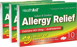 HealthA2Z® Allergy Relief | Cetirizine 10mg | All Day Allergy Relief | Indoor & Outdoor | Relief von Itchy Throat, Sneezing, Runny Noses (10 Graf (Pack von 3))