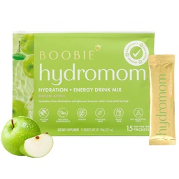 Boobie Hydromom Superfood Electrolyte Drink Mix, Green Apple | Refreshing Energy & Hydration Boost for Mamas | On-The-Go & Travel Essentials for Pregnancy, Lactation, &amp; Beyond, 15 Packets