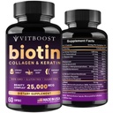 VITBOOST Biotin mit Hyaluronsäure, Kollagen und Keratin – 25000 mcg Haarwachstum Vitamine für Männer und Frauen – Nägel und Haut, USA Made - Third Party Tested, B1, B2, B3, B6, B7 Complex - 60 Kapseln