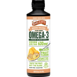 Barleans Ginger Peach Vegan Omega 3 Supplement, Flüssiges Algenöl mit 630 mg EPA & DHA, Pflanzen basierte Omegas aus Algal Öl, Non-GMO & Gluten frei, 16 Unzen