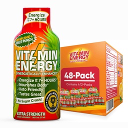 Vitamin Energy Immune+ Extra Strength Energy Shot Fruit Punch 48 Pack, 260mg Natürliche Koffein, B-Vitamine, Citicoline, Grüner Tee, Immunität und Fokus Unterstützung, Zero Sugar, Gluten-Free 1.93 fl oz
