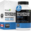 RENEW ACTIVES Magnesium Glycinat 400MG pro 2 Kapseln reines Magnesium-Biglycinat für Ganzkörper-Entspannung, Schlaf, Muskeln, Knochen & Energie - Elektrolyt Balance - Made in Canada -120 Kapseln