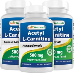 Best Naturals Acetyl L-Carnitin (ALCAR) 500mg, 120 Kapseln, 120 Portionen - Non-GMO und Glutenfrei, 1 Kapsel pro Portion (3 Packung)