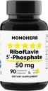 MONOHERB Riboflavin 5'-Phosphate 50 mg - 90 Vegetarische Kapseln - Bioaktives Vitamin B2 - Made in USA
