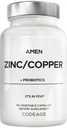 Amen Zink & Kupfer Ergänzung + Probiotika, 3 Monate Versorgung, Ein pro Tag - 50 mg Zink Picolinat Vitamin Pillen - essentielle Mineralien Ergänzungen – 2 Billion CFUs Probiotic – Vegan, Non-GMO, 90 Kapseln