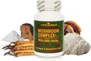 Pilzkomplex mit Anti-Aging. Natürliche Pilz-basierte Anti-Aging-Ergänzungen mit Chaga, Lion’s Mane, Cordyceps, Reishi, Collagen, Hyaluronsäure, Vitamine B1, B2, B6, C, D.