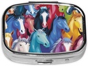 Bunte Cartoonpferde gedruckt Square Pill Organizer mit 2 Komponenten, Tragbare Mini Pillen Box Pillen Fall für Medizin, Vitamin, Fischöl, Ergänzungen