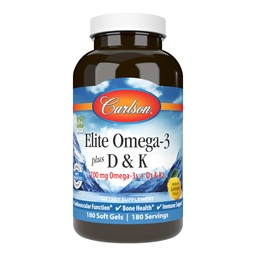 Carlson - Elite Omega-3 Plus D & K, 700 mg Omega-3s + D3 & K2, Funktion, Knochengesundheit und Immununterstützung, Zitronen, 180 Softgels