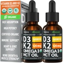 (2 Pack) Bio Vitamin D3 K2 Tropfen mit MCT Öl Omega 3, 5000 IU — Flüssigkeit D3, keine Füllstoffe, Non-GMO, Immununterstützung (Unflavored, 2 Fl Oz)