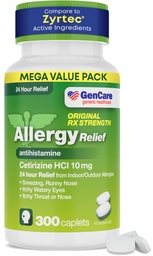 GenCare - Cetirizine HCL 10 mg (300 Caplets) - 24 Hour Allergy Relief Pillen - Non Drowsy Generic OTC Allergy Medication - Antihistamine Medicine for Sneezing, Runny Nose & Itchy Eyes - Generische Zyrtc