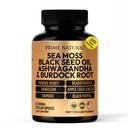 PRIME NATURAL Sea Moss 3000mg Schwarz Seed Oil 2000mg Ashwagandha 1000mg Turmeric 1000mg Bladderwrack 1000mg Burdock 1000mg Manuka Honey Dandelion ACV - 120 Kapseln | 60 Tage Versorgung | Vegan