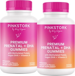 Pink Stork Premium Prenatal Gummy Vitamine mit DHA, Folat und Vitamin D - 60 Vegan Gummies - 2 Pack