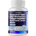 Resveratrol NAD+ Berberine Hyaluronsäure - Biotin Grape & Blueberry + NAC - Collagen Peptides - Haar, Nagel, Skin & Joint Supplement - 21-in-1 Damen und Herren - Made in USA (60 Count (Pack 1)