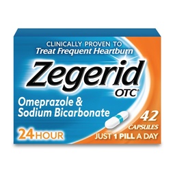 Zegerid OTC, 24-Stunden-Herzbrand-Relief, Säure-Refrlux-Medizin und Antazie, Treats-Frequent Sodbrennen, Omeprazol 20mg + Natriumbicarbonat, Proton Pump Inhibitor (PPI), 42 Kapseln