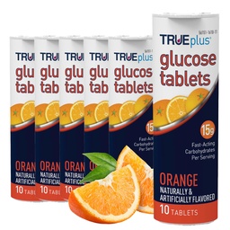 TRUEplus Glucose Tablets, Chewable, Orange Flavor, 15g Fast-Acting Carbohydrates, Fat Free, Gluten Free, Boost Energy, 10 Count, 6 Tubes